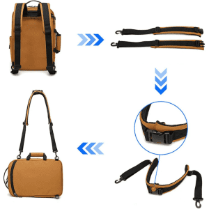 A brown Zurich Document Backpack with adjustable straps and buckles, showcasing a versatile design for carrying options.