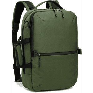 A green backpack with multiple compartments and adjustable straps, featuring a logo on the front.