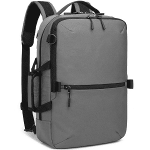 A grey backpack featuring multiple compartments and adjustable straps, designed for versatility and functionality.