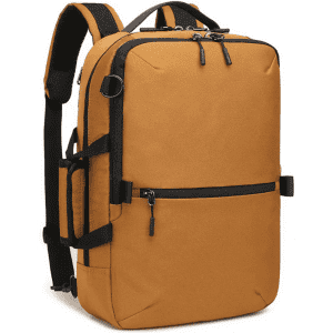 An orange backpack with black accents, featuring adjustable straps and multiple compartments. Includes a logo on the front.