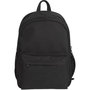 A black backpack featuring a main compartment, front pocket, and side mesh pocket. It includes a logo.