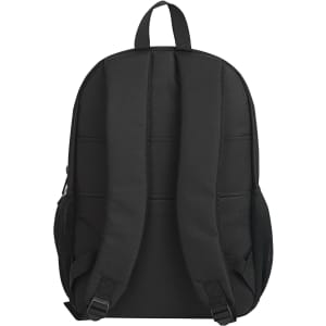 A black backpack featuring padded straps and mesh side pockets, with a simple design and no visible branding.