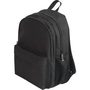 A black backpack featuring multiple zippered compartments and a mesh pocket on the side. It has a logo.
