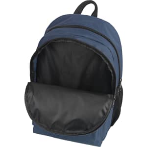A navy blue backpack with a black interior and a front zip pocket. The bag features a sturdy handle on top.