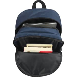 A navy-blue backpack opened to reveal compartments containing a laptop, notebooks, and other items. It features a logo.