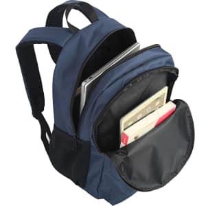 A navy blue backpack with multiple compartments, including space for a laptop and various books. It features a logo.