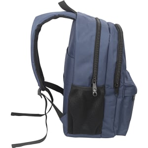 A navy blue backpack with multiple compartments, featuring two zippered sections and a mesh pocket on the side.
