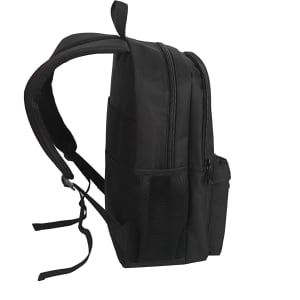 A black backpack with multiple compartments, a mesh pocket, and padded straps, featuring a logo.
