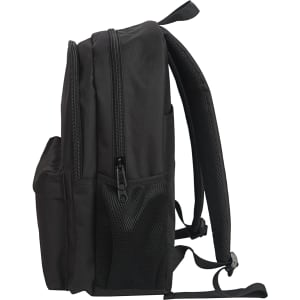 A black backpack featuring a mesh pocket, two zippers, and padded shoulder straps. It has a minimalistic design.