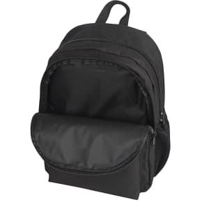 A black Field Backpack featuring multiple zip compartments and a front pouch, with a logo visible.