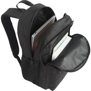 A black backpack with multiple compartments, including space for a laptop and documents. It features a logo.