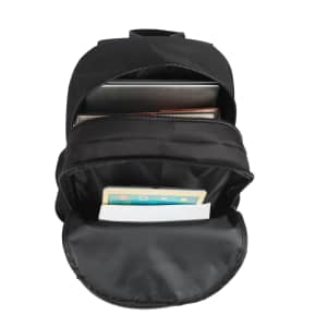 A black backpack with multiple compartments, including space for a laptop, tablet, and other items.