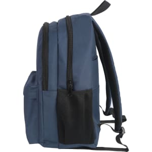 A navy blue backpack featuring multiple compartments and a side mesh pocket. It has adjustable straps and a logo.
