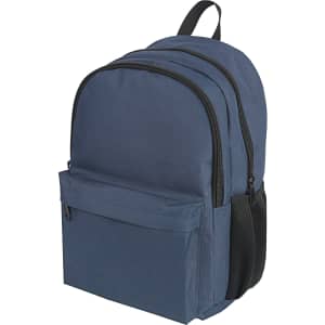 A navy blue backpack featuring multiple compartments and a side mesh pocket, complete with branding.