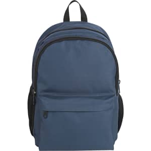 A navy blue backpack with a front pocket and black accents, featuring a logo on the front.