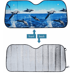 A foldable car sunshade featuring a colourful dolphin design on the front and a reflective silver surface on the back.