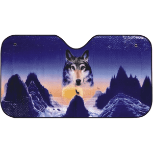 A foldable car sunshade depicting a wolf against a mountain landscape in shades of blue and purple. It has a logo.