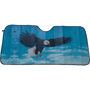 A foldable car sunshade featuring a blue sky design with an eagle in flight and branding.
