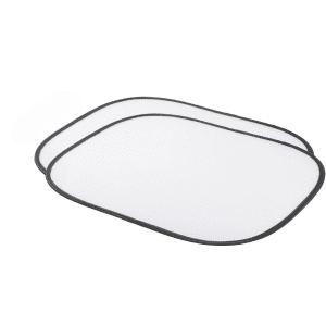 A pair of rectangular car sunshades with a black trim and a transparent mesh design.