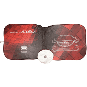 A foldable car sun visor in red and black featuring a car design and a round storage pouch.