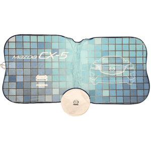 A foldable car sun visor in blue and white featuring a car design and a circular storage pouch.