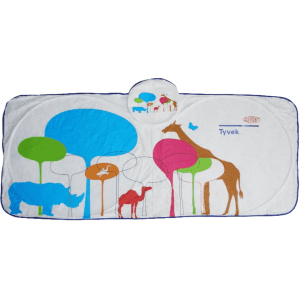 A foldable car sun visor featuring colourful animal silhouettes and trees in blue, green, orange, and brown hues.