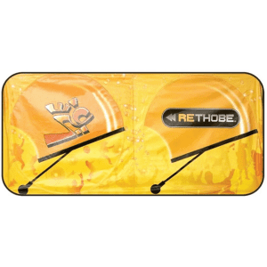 A foldable car sun visor in bright yellow featuring a logo and a sun design.