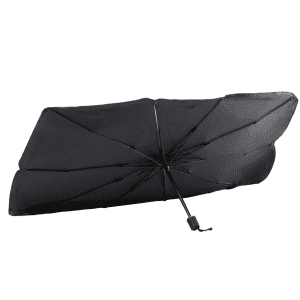 A black car sunshade umbrella with a curved design, featuring a central handle and a sturdy frame.