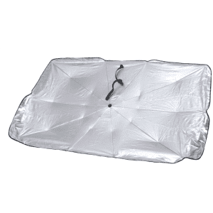 A silver sunshade umbrella displayed flat, featuring a central fastening and black trim.