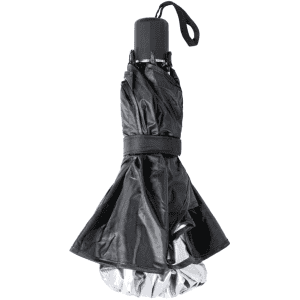 A black car sunshade umbrella with a silver interior, folded and secured with a strap. It includes a handle for easy carrying.