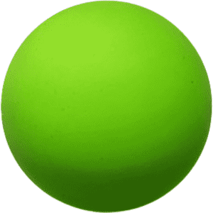 A bright green bouncy ball. The ball has a smooth, solid surface and features a logo.