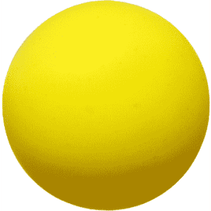 A yellow bouncy ball with a smooth, round surface, featuring a logo.