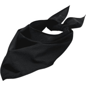 A black triangular bandana with tied ends and a smooth texture, featuring a logo.