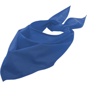 A triangular bandana in a vibrant blue colour, featuring a tied design and soft fabric. It has a logo.
