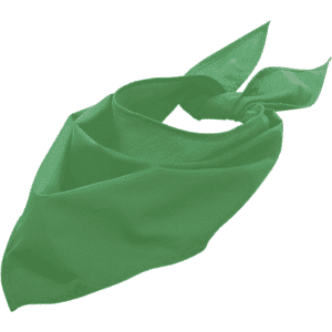 A green triangular bandana with two tied ends, featuring a logo.