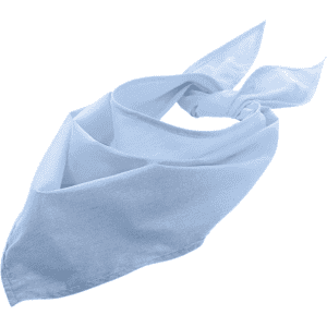 A light blue triangular bandana with tied ends and a logo.