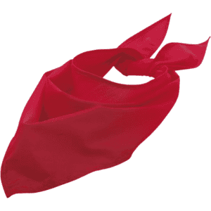 A red triangular bandana with a smooth texture and a tied design; features a logo.