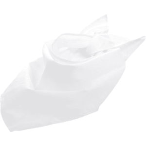 A triangular bandana in white, featuring a logo. The fabric is smooth and elegantly tied.