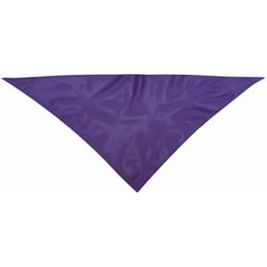 A triangular bandana in a vibrant purple colour, featuring a logo.