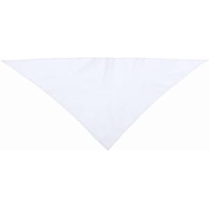 A triangular bandana in white, featuring a plain design and a branding logo.