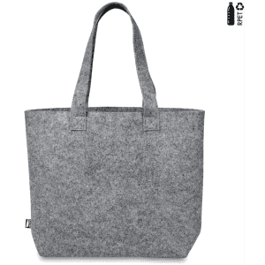 A grey felt shopper bag with two handles, featuring a logo, made from recycled PET materials.
