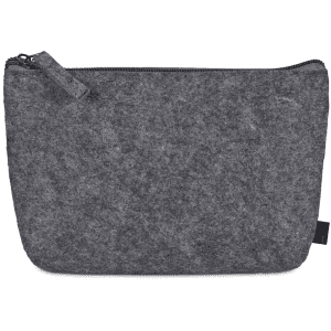 A grey RPET felt mini cosmetic bag with a zip closure and a small tag on the side.
