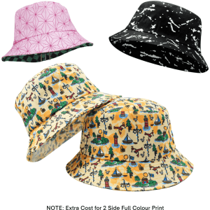 A collection of three bucket hats in various patterns: pink geometric, black abstract, and yellow nautical designs.