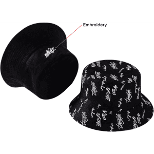A black bucket hat featuring an all-over sublimation design with white embroidered accents.