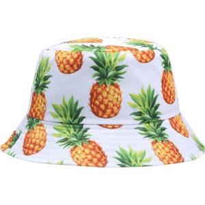 A bucket hat featuring a vibrant pineapple print on a white background, with a soft, wide brim and a logo.