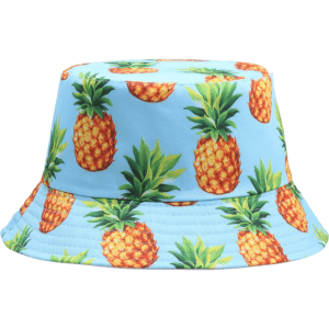 A bucket hat with a light blue background featuring a repeating pineapple pattern and a brand logo.
