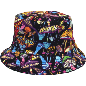 A colourful bucket hat featuring vibrant mushroom patterns on a black background. It has a wide brim and an internal logo.
