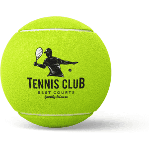 A bright yellow tennis ball featuring a logo and image of a player in action.