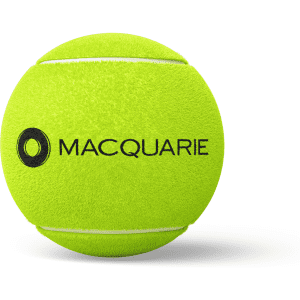 A bright yellow tennis ball featuring a black logo on one side.