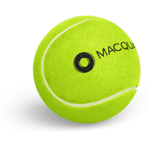 A bright yellow tennis ball featuring a black logo. The ball has a textured surface and a classic double seam design.